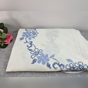 Vintage Large Linen Blue Floral Cross Stitch White Tablecloth 58"x 86"